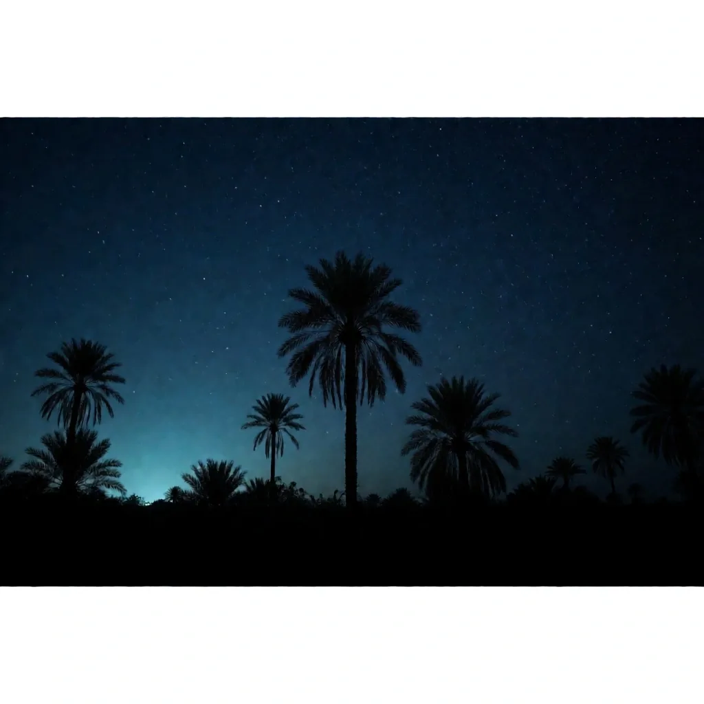 Palm silhouettes against a midnight indigo sky