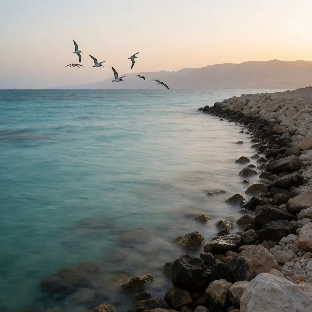Red Sea coastline at dawn with distant mountains