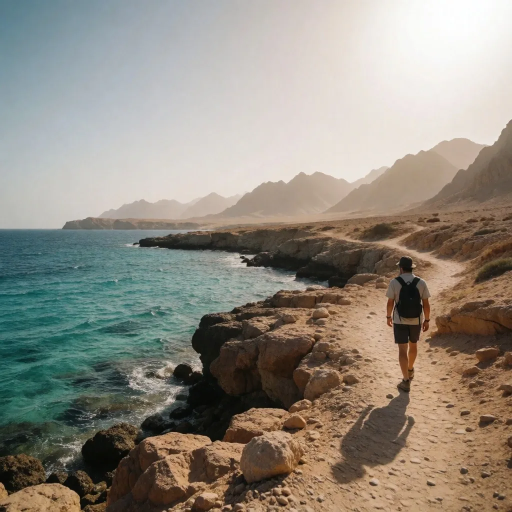 Traveler on a coastal path beside the Red Sea in autumn