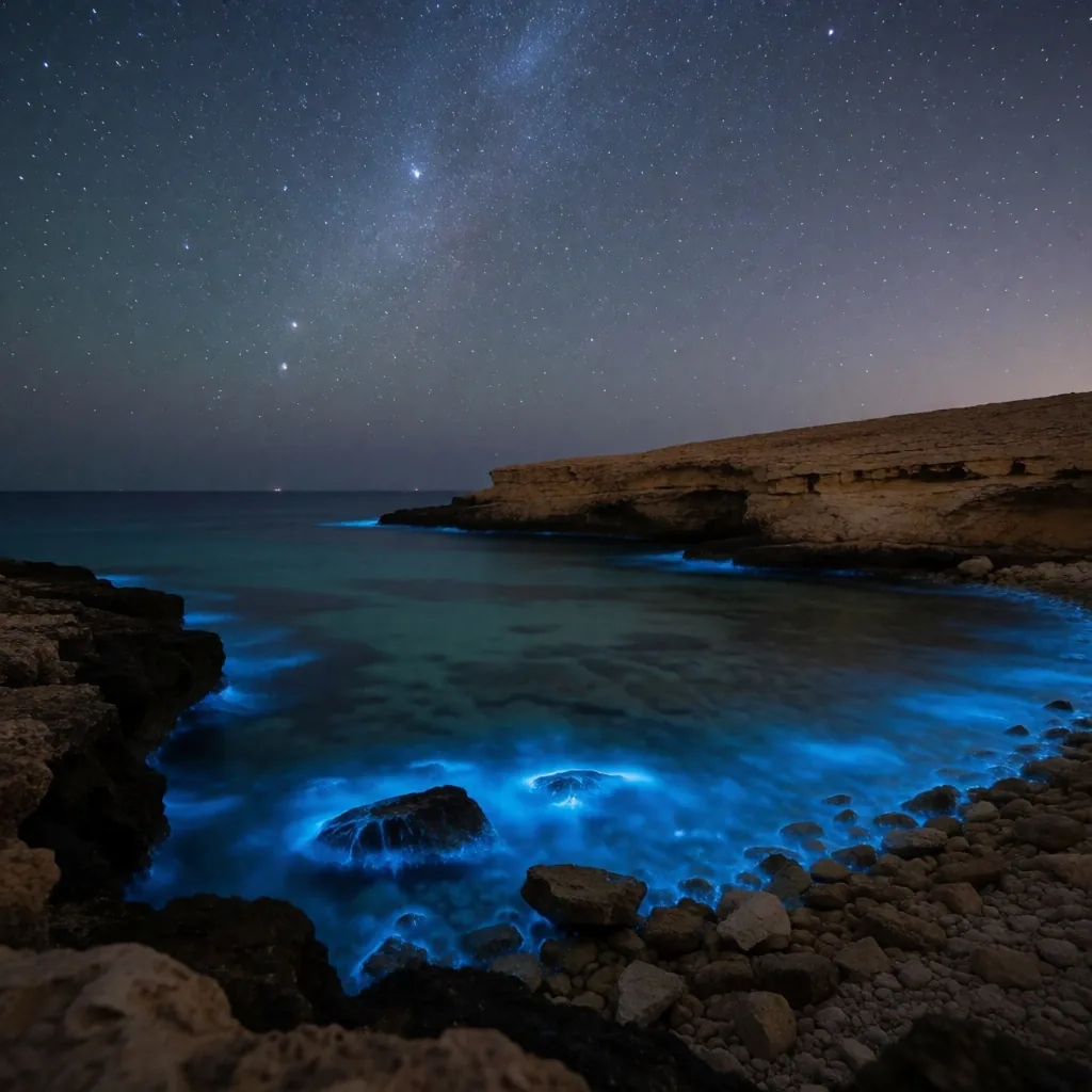 Bioluminescent glow on a dark Egyptian shore