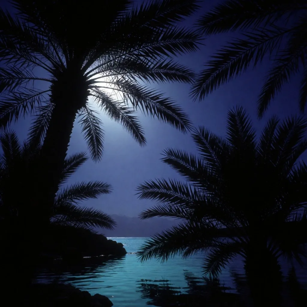 Palm silhouettes against a midnight sky above the Egyptian coast