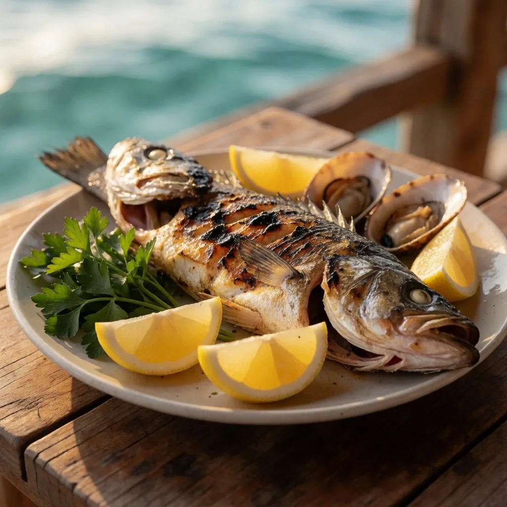 Seaside grilled fish on a beach in Egypt