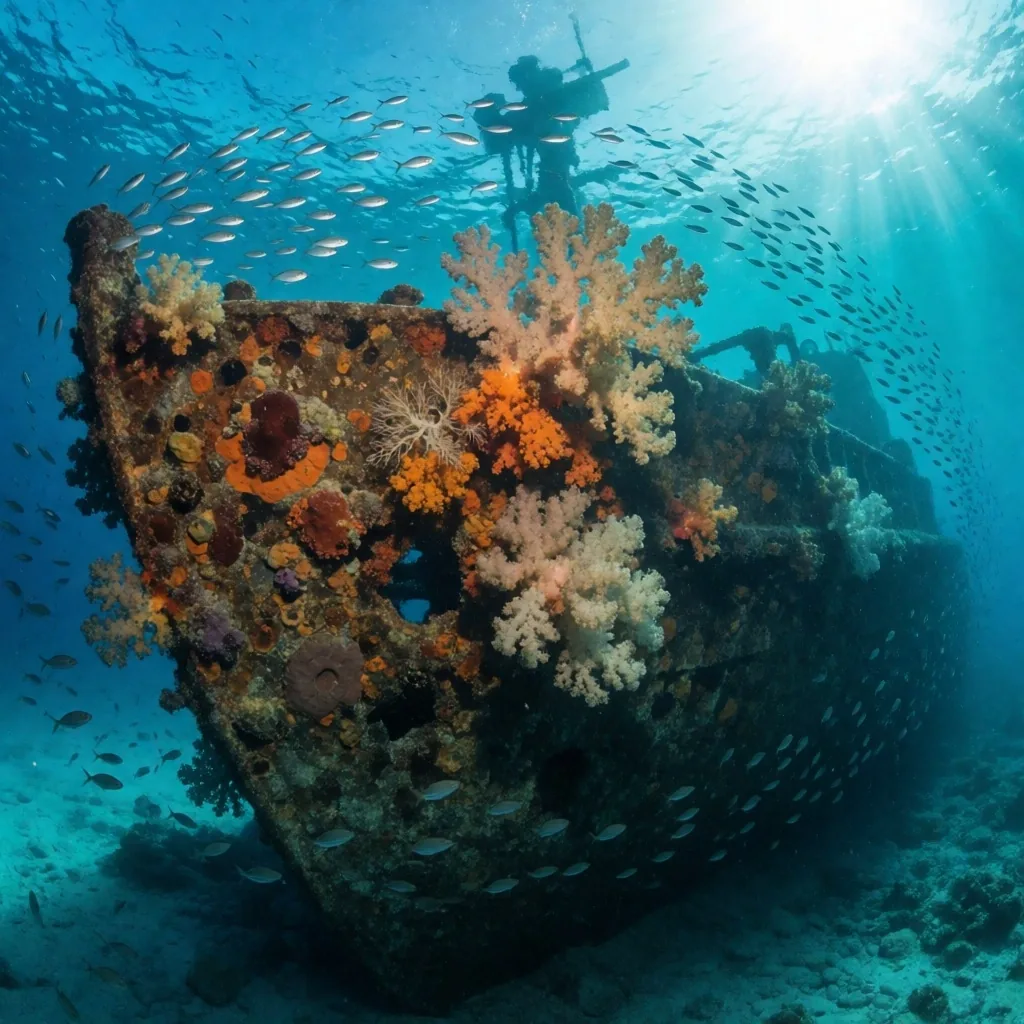 Shipwreck covered in coral underwater