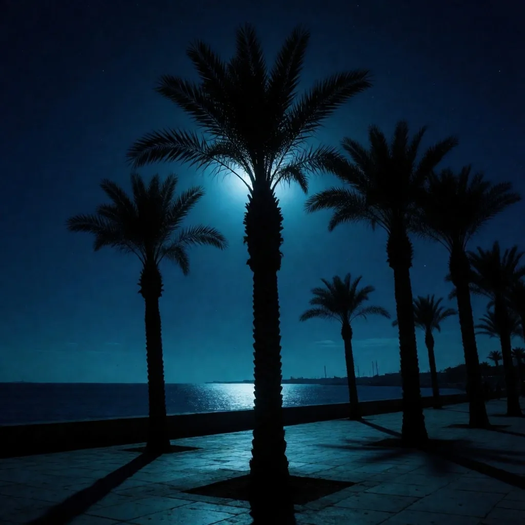 Silhouetted palm trees at midnight