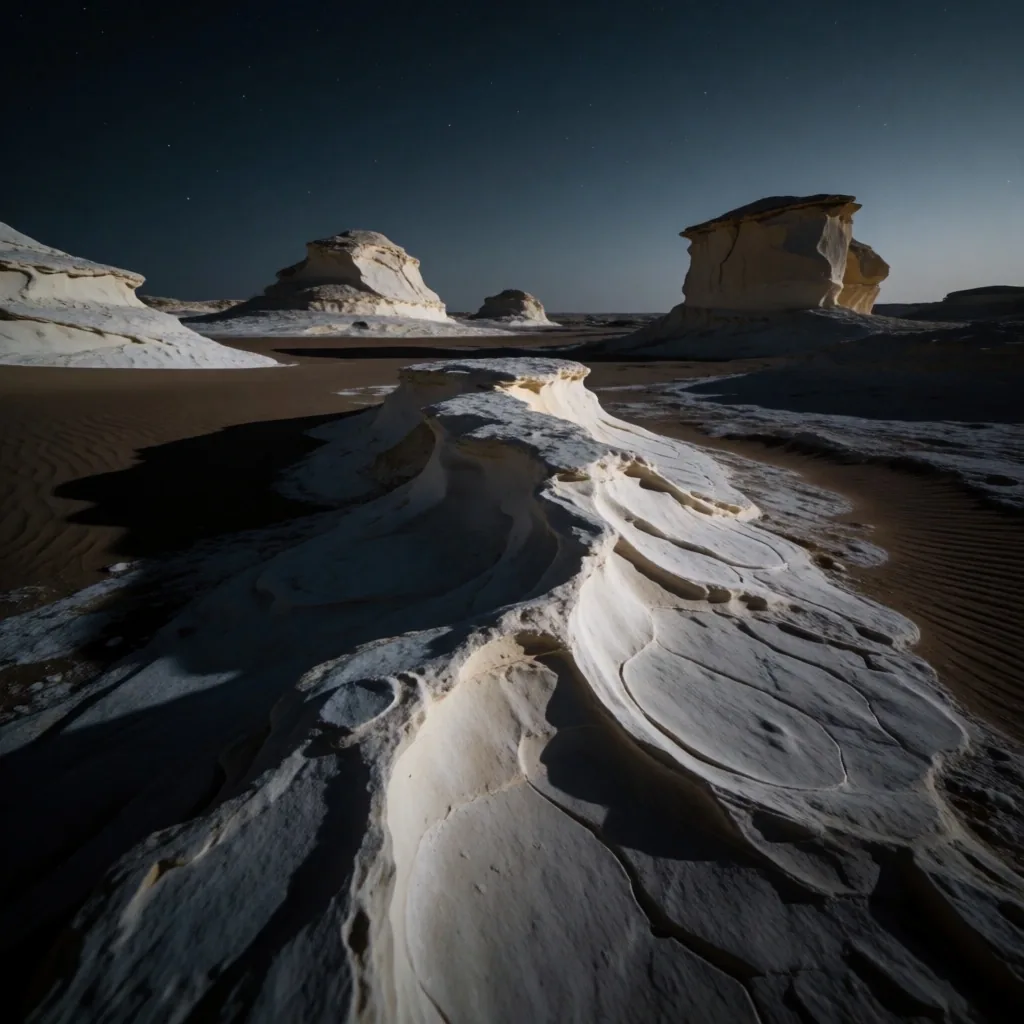 Chalk formations in the White Desert at night