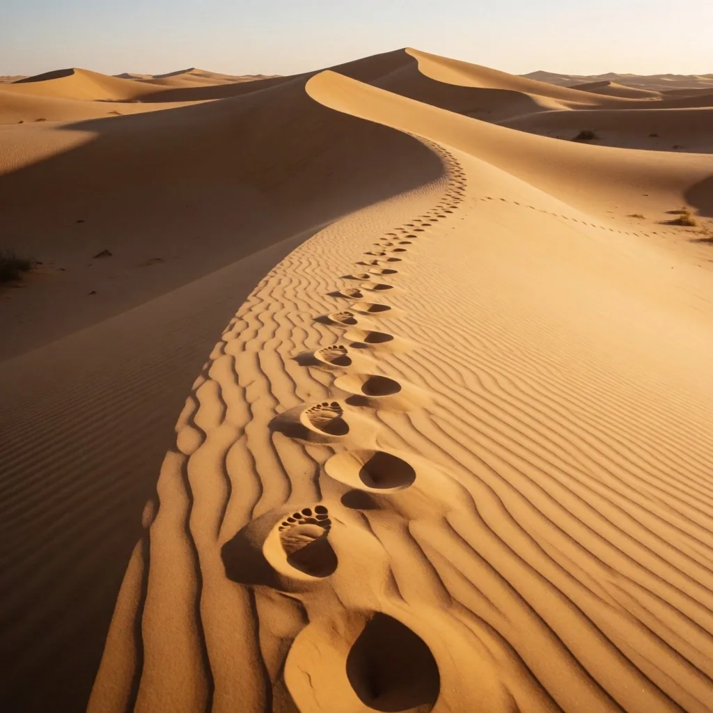 Footprints across a dune at dawn