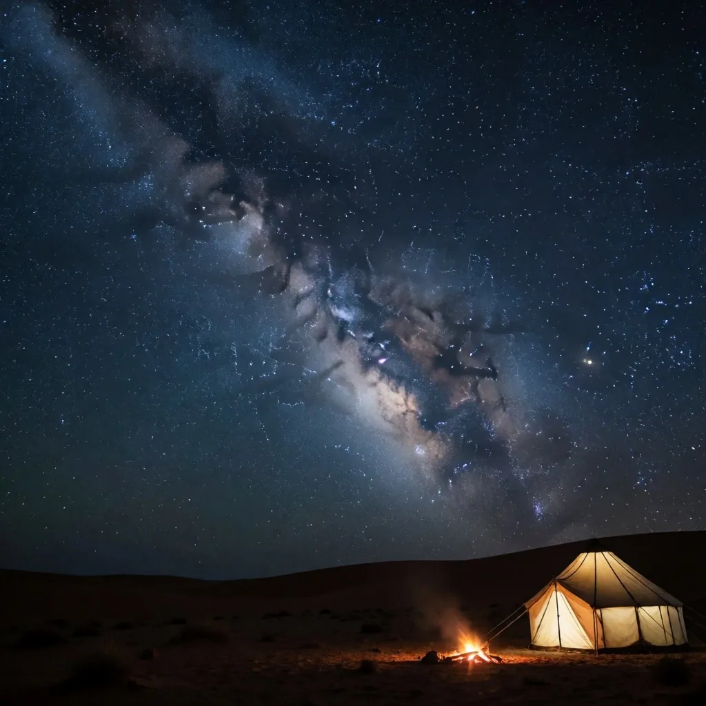 Night sky over a desert camp