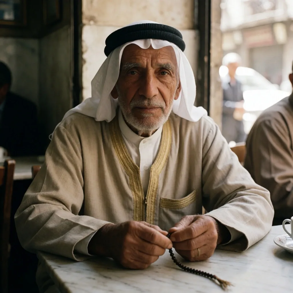 Elderly man seated at a traditional coffeehouse