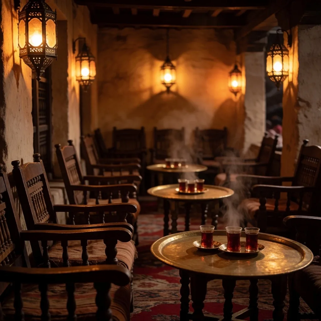 Interior of a traditional coffeehouse at night