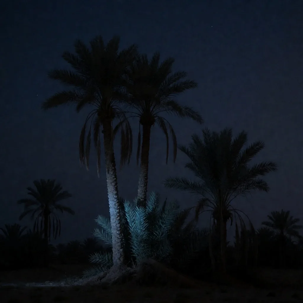 Palm tree silhouettes against a deep midnight blue sky