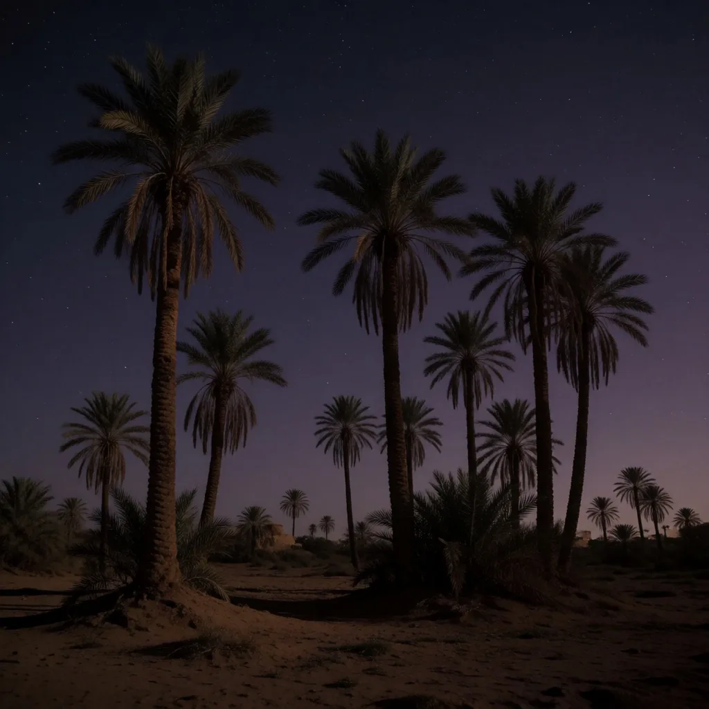 Palm tree silhouettes against a deep indigo midnight sky