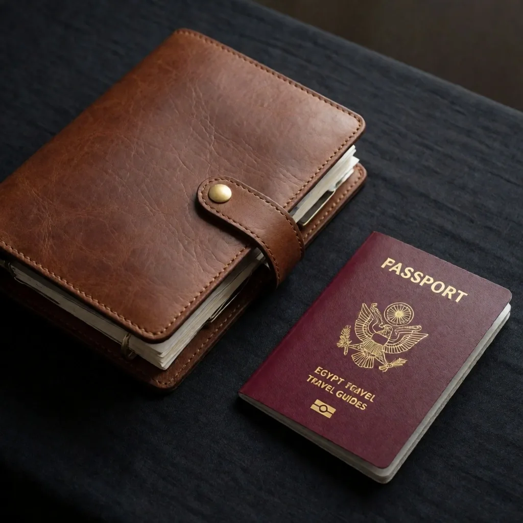 Travel documents and passport arranged in a leather pouch on dark fabric