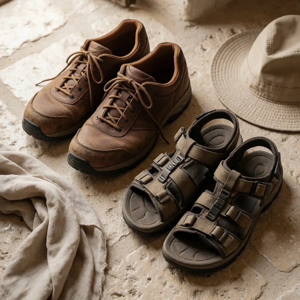 Walking shoes, sandals, scarf, and hat arranged on stone floor