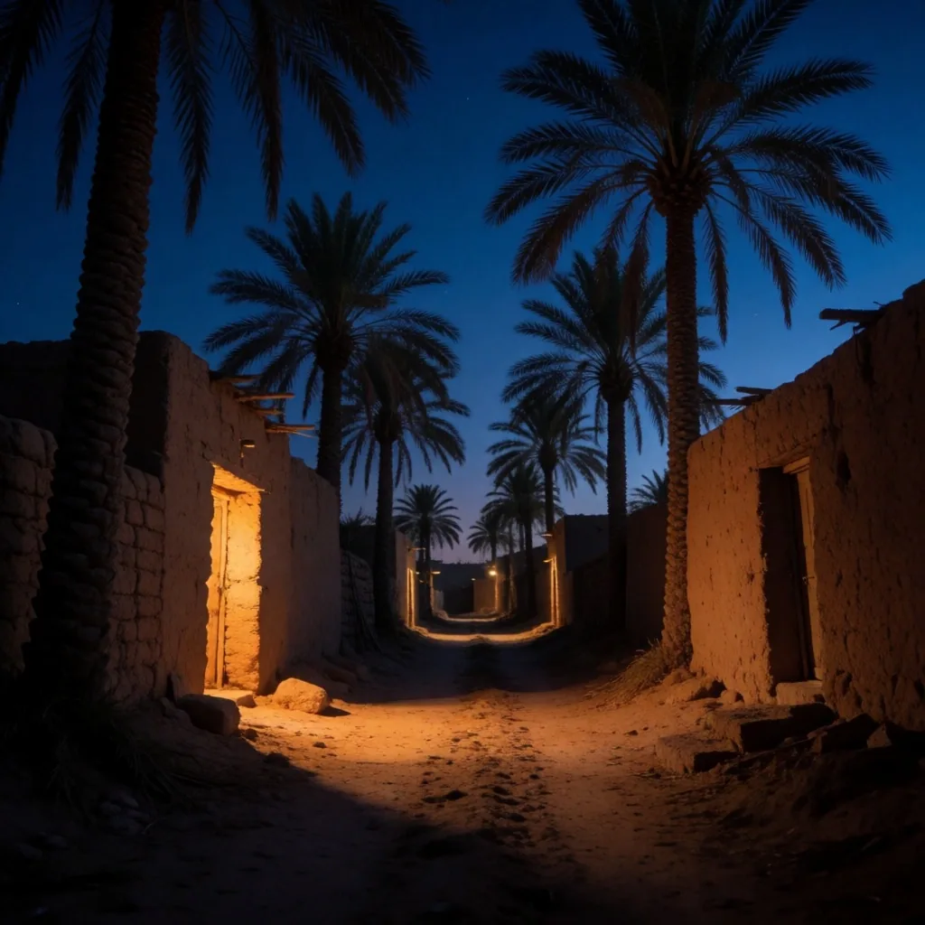 A palm-lined lane at twilight