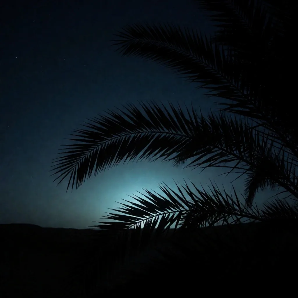 Palm tree silhouettes against a deep midnight sky