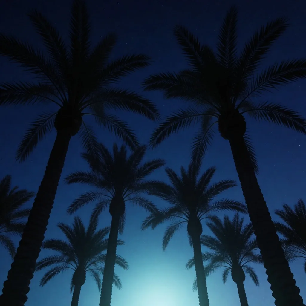 Backlit palm trees against midnight sky