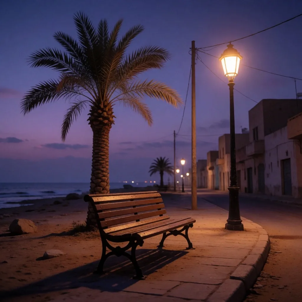 Empty bench under palm tree at dusk in a coastal Egyptian town