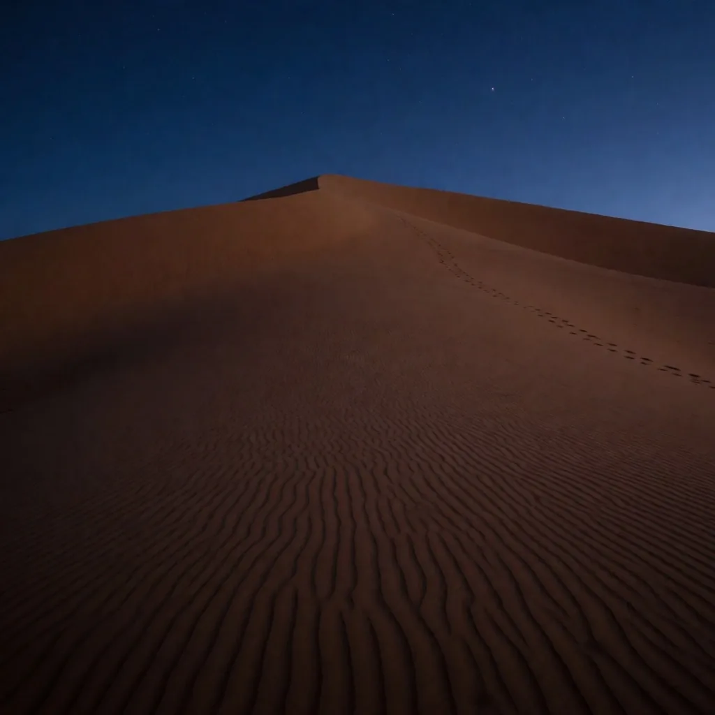 Desert landscape at twilight with faint tracks