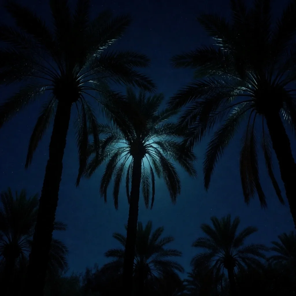 Palm silhouettes under a midnight sky