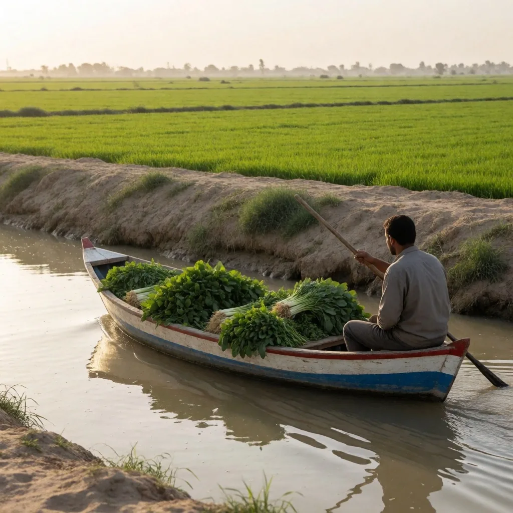 Boat carrying produce along a Delta canal