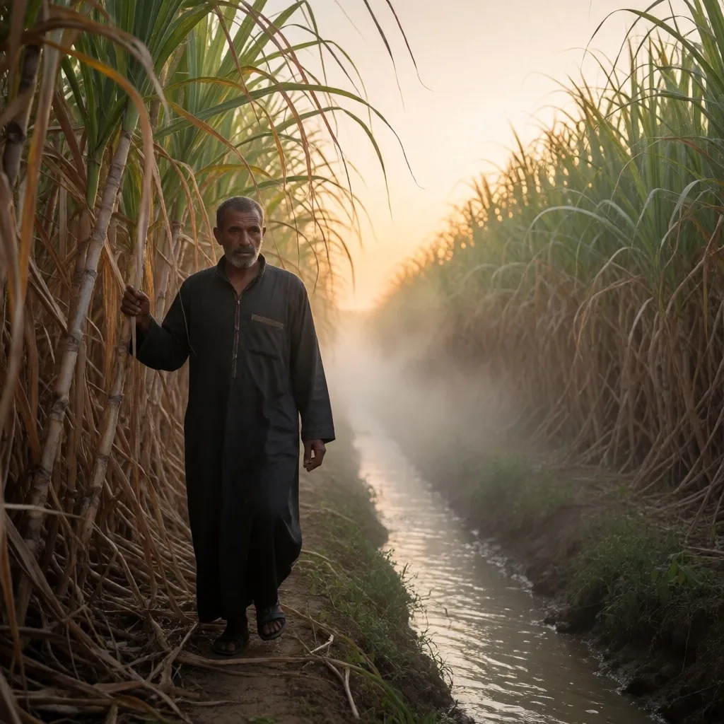 Farmer walking through a sugar cane field at dawn