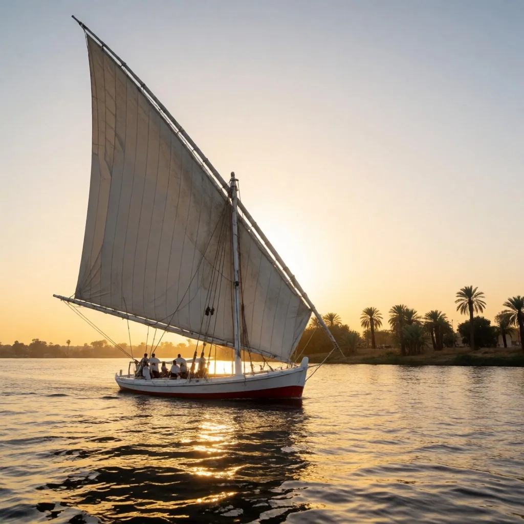Felucca sailboat on the Nile at golden hour