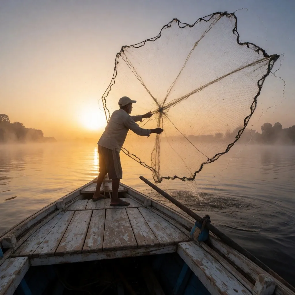 Fisherman casting a net from a rowboat