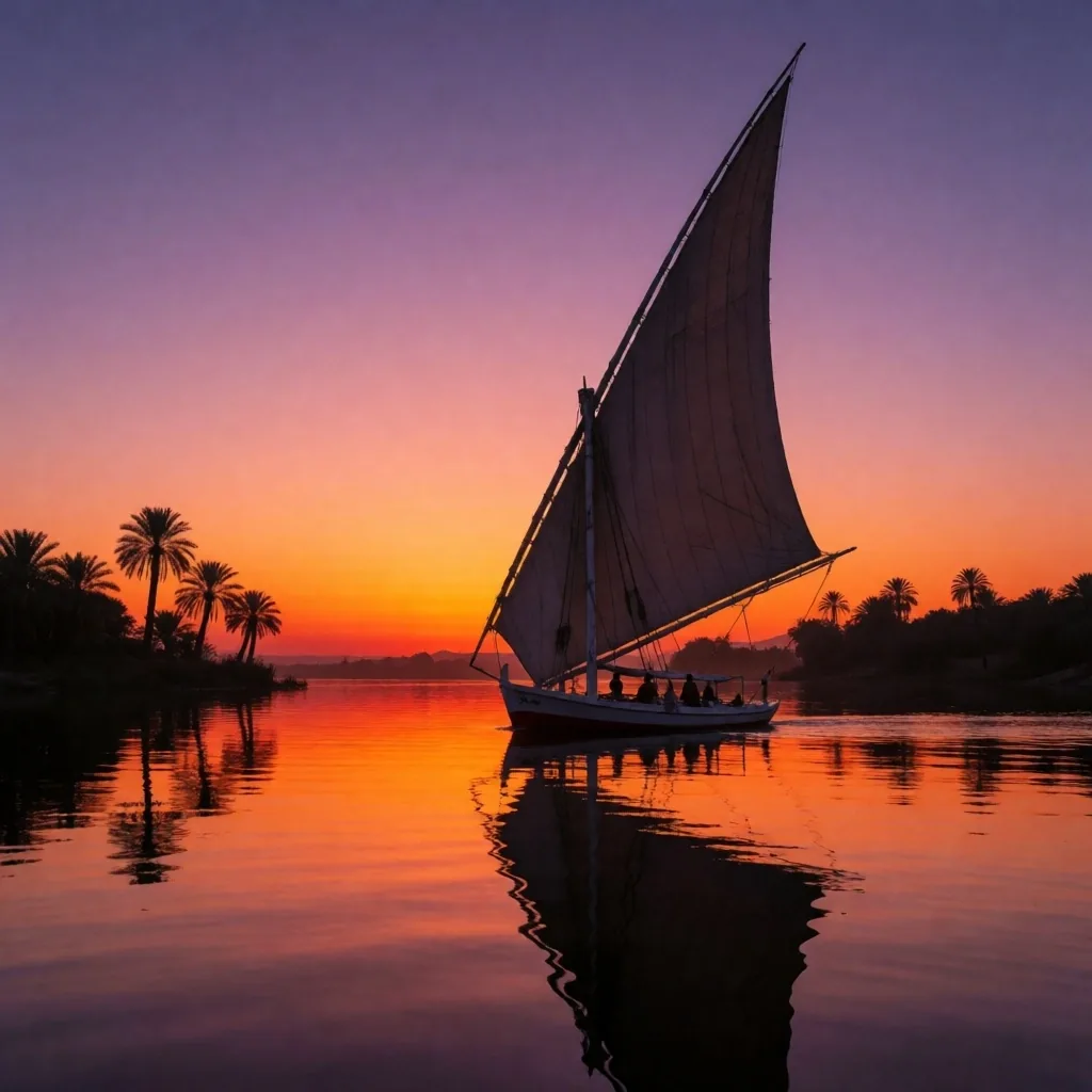 Nile sunset with orange and purple sky reflected on the water