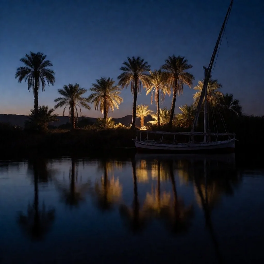 Palm silhouettes against a twilight sky over the Nile