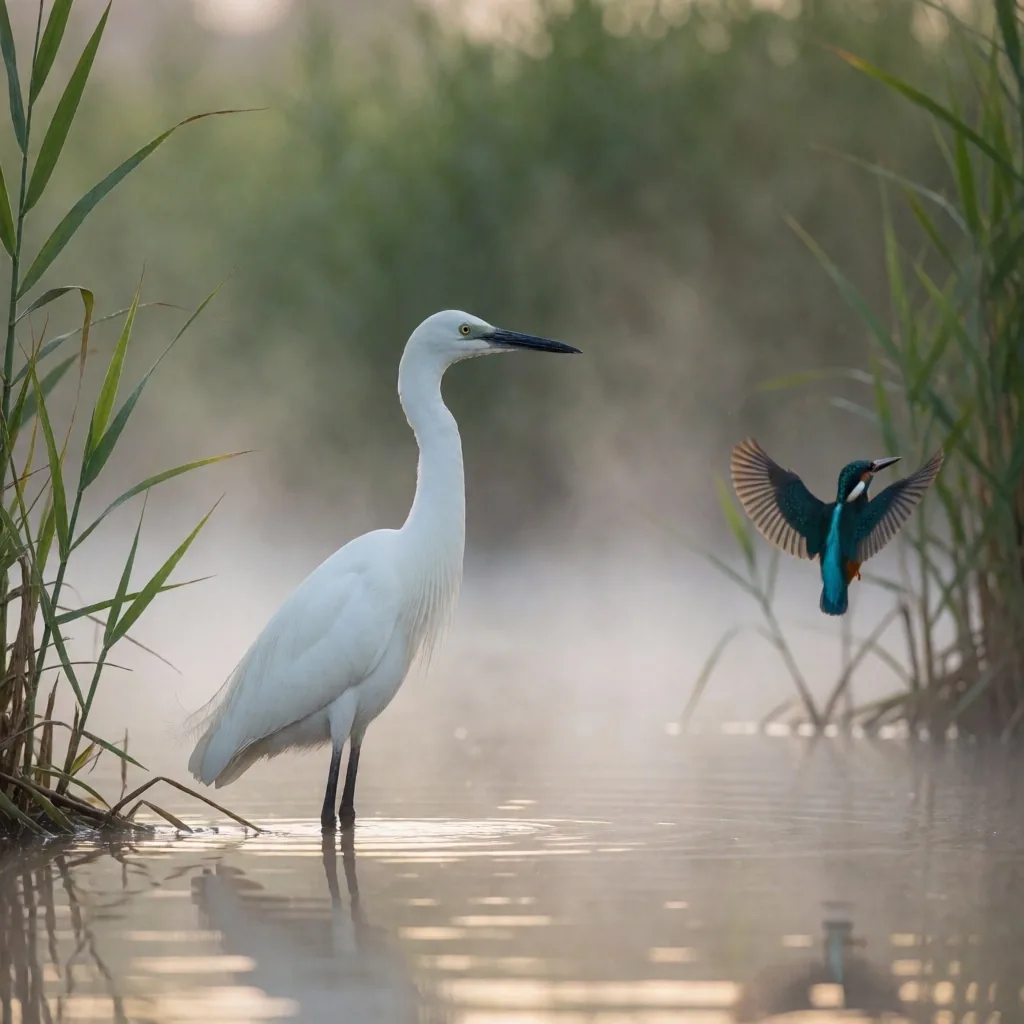White egret and kingfisher on the Nile at dawn