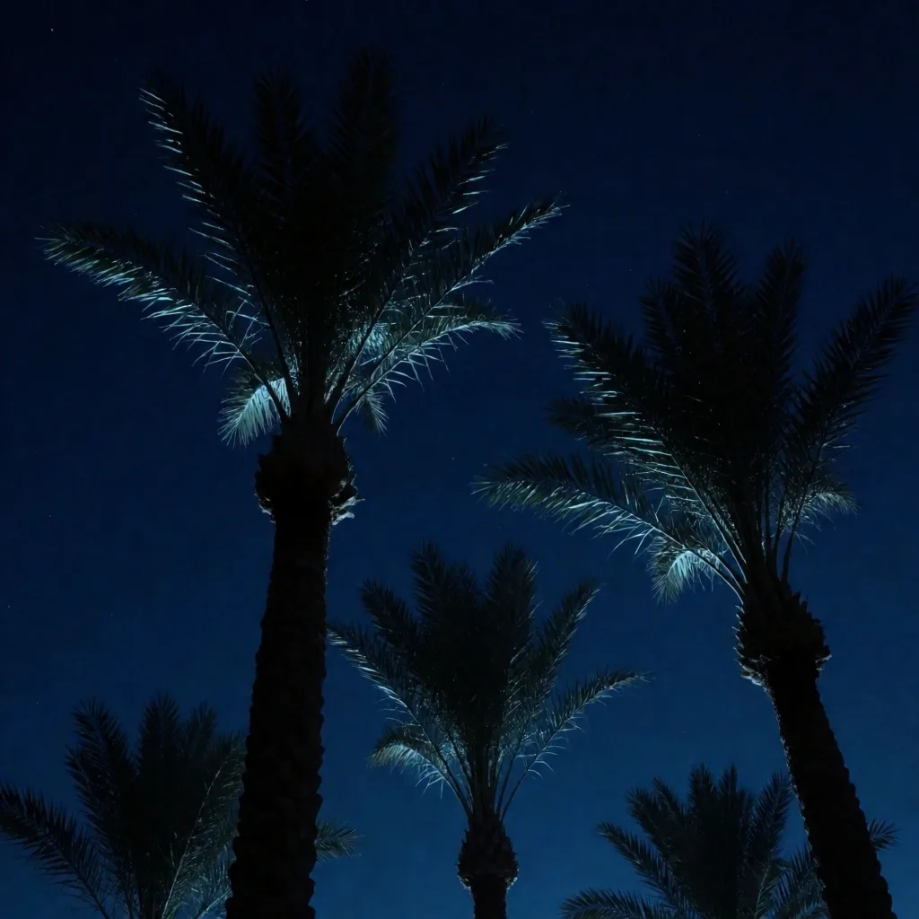Palm silhouettes against midnight sky