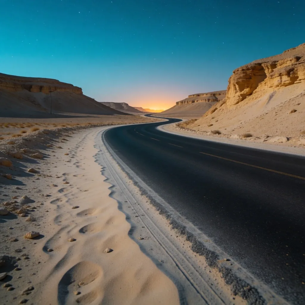 Desert highway at dusk with blowing sand