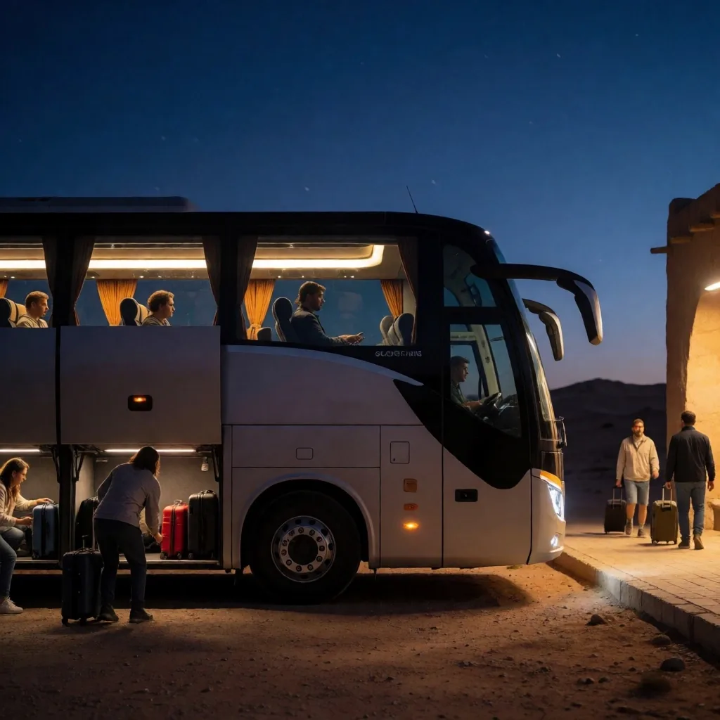 Inter-city bus at desert station at dusk