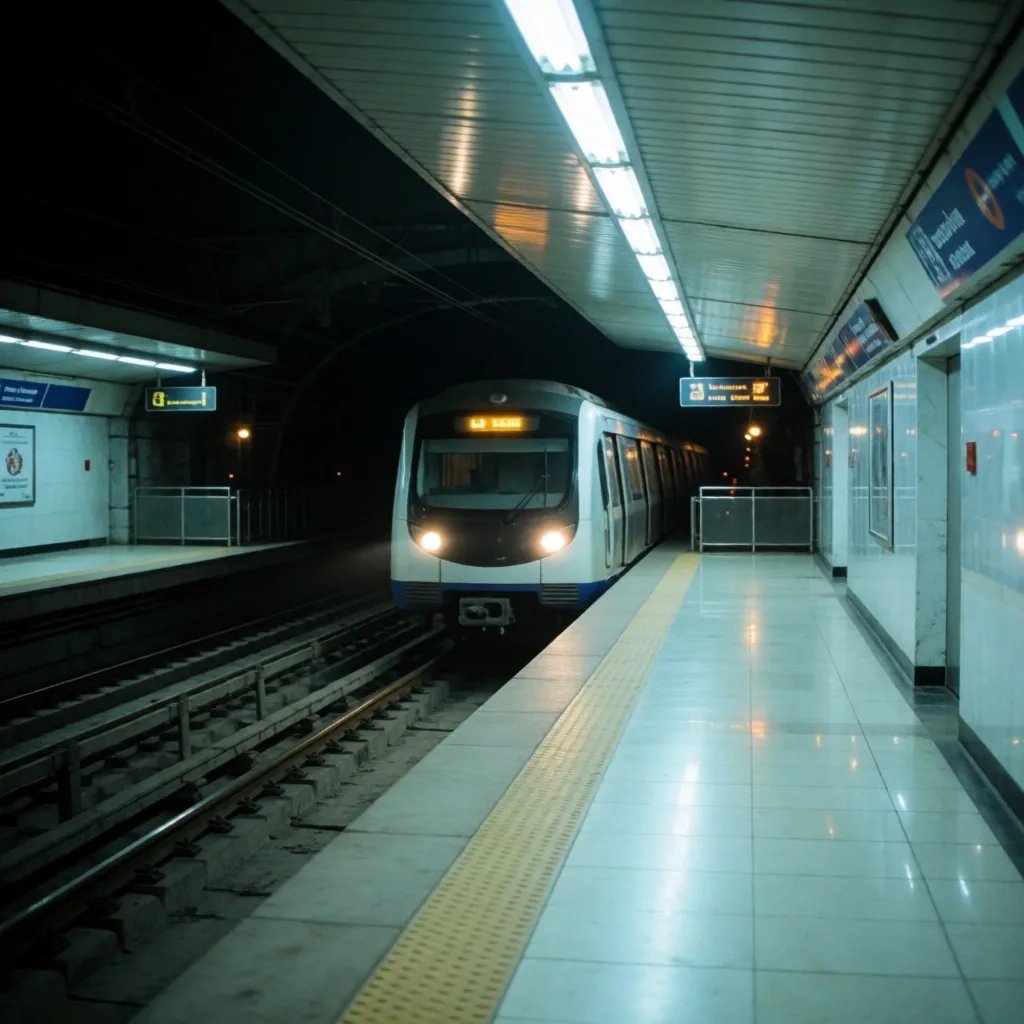Metro platform with arriving train