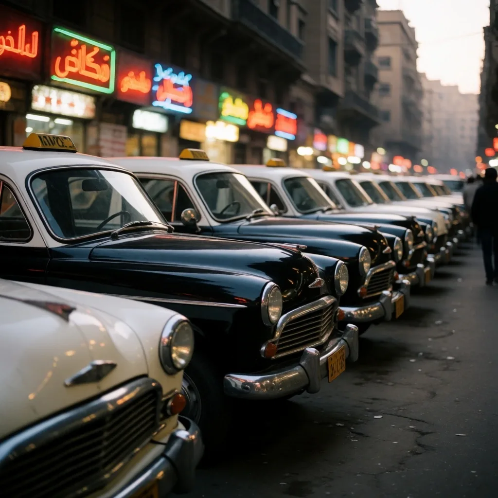Taxis on a city street at night