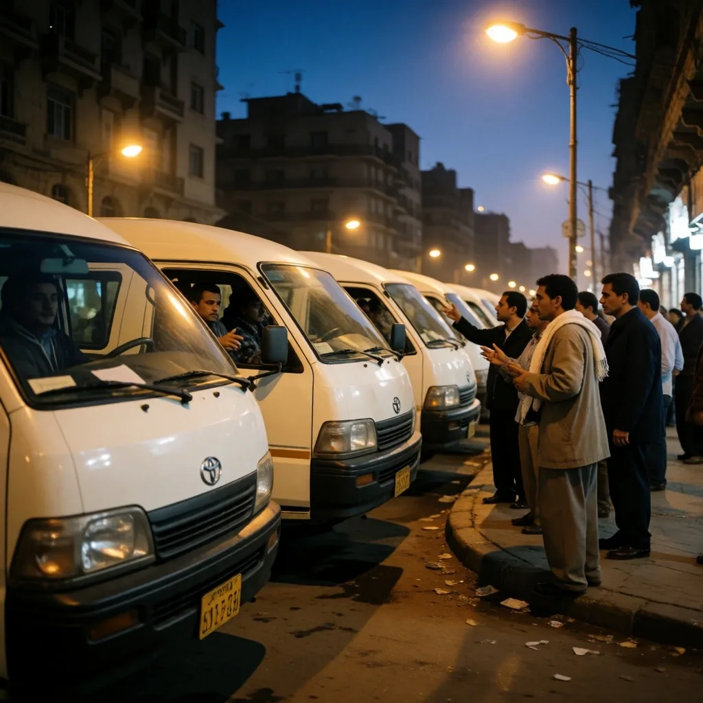 White microbuses parked on a street at dusk